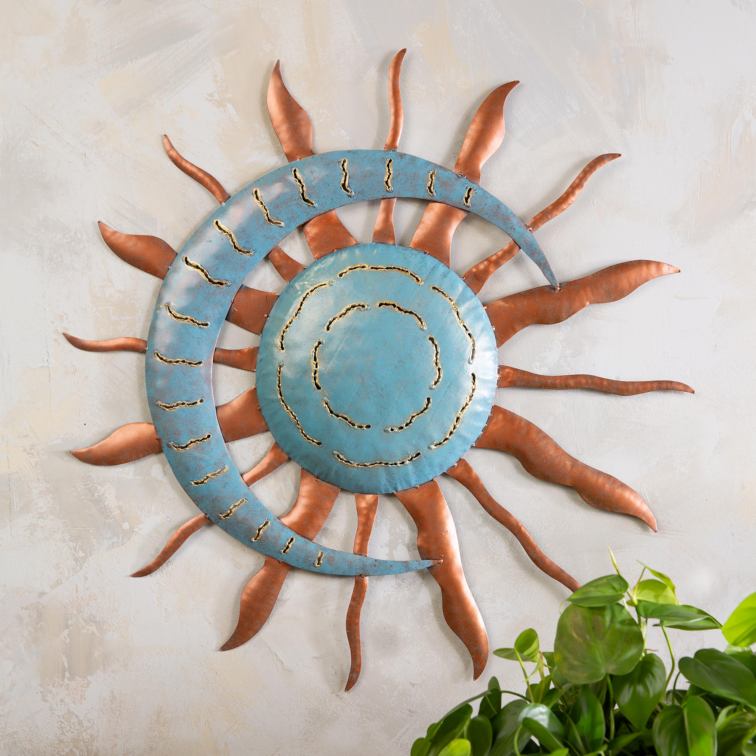 Handcrafted Blue and Copper-Colored Recycled Metal Moon and Sun