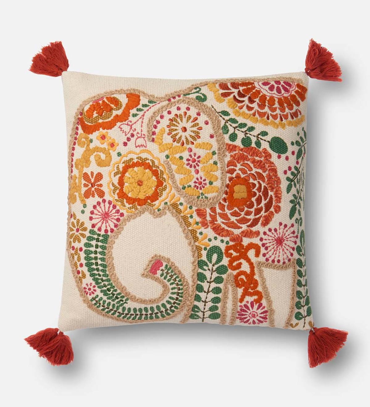 Lumbar Pillow with Embroidered Pattern & Tassels