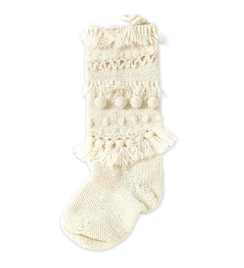 Chunky Knit Wool Christmas Stockings - Cream Pom