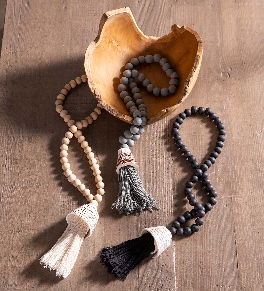 Wood Prayer Beads with Shell Covered Tassel - Cream