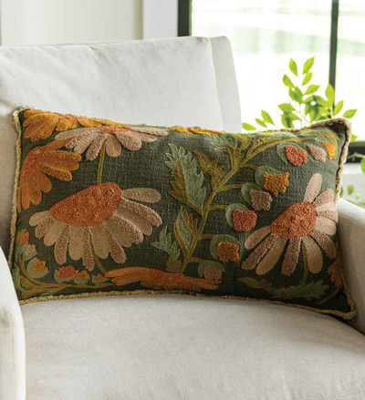 image of Embroidered Lumbar Pillow with Flowers