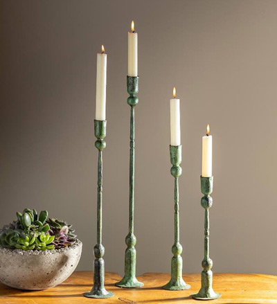 Image of V9569 Forged Iron Green Patina Taper Candle Holders, Set of 4
