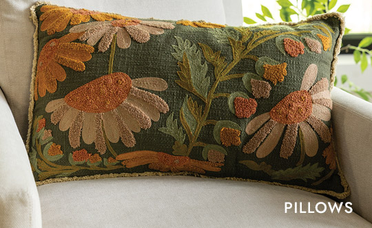 Image of Embroidered Lumbar Pillow with Flowers and Kantha Stitch Pillow