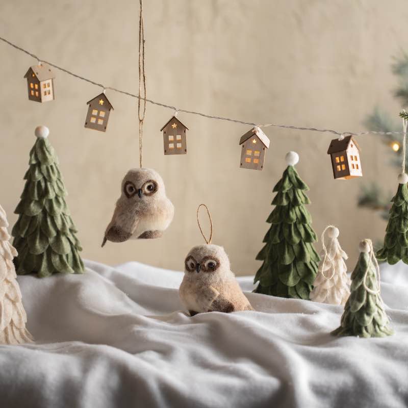 Hanging Wood & Felt Owl Ornaments, Set of 2