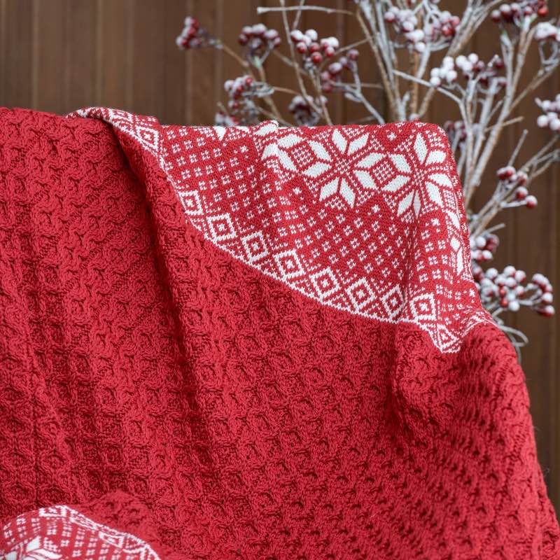 Red Merino Wool Jacquard Throw with Snowflake Pattern, 40