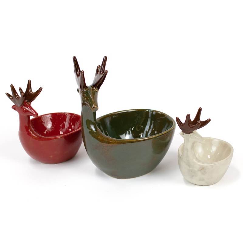 Set of 3 Ceramic Deer Bowls - Red/Green/White