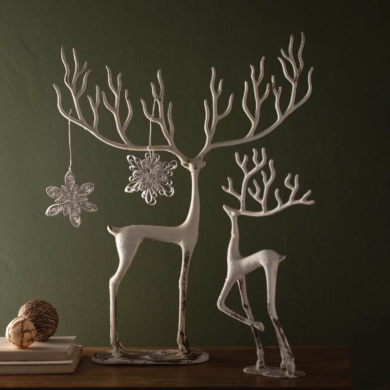 Set of 2 White Cast Iron Deer Sculptures