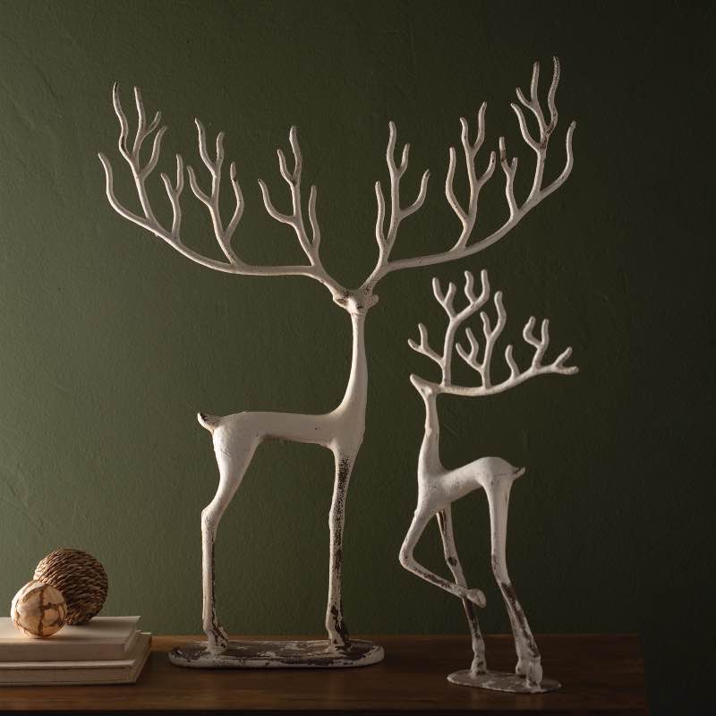 Set of 2 White Cast Iron Deer Sculptures