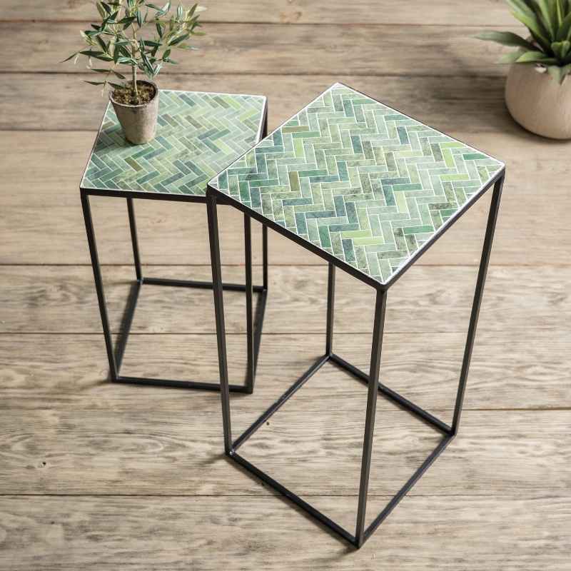 Set of 2 Green Herringbone Stone Mosaic Accent Stands