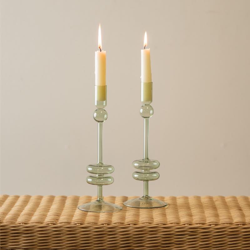Sage Glass Candlestick Pair