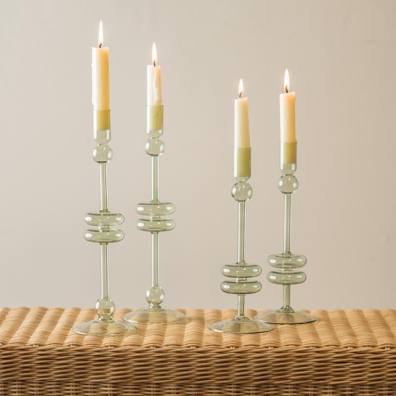 Sage Glass Candlestick Pair