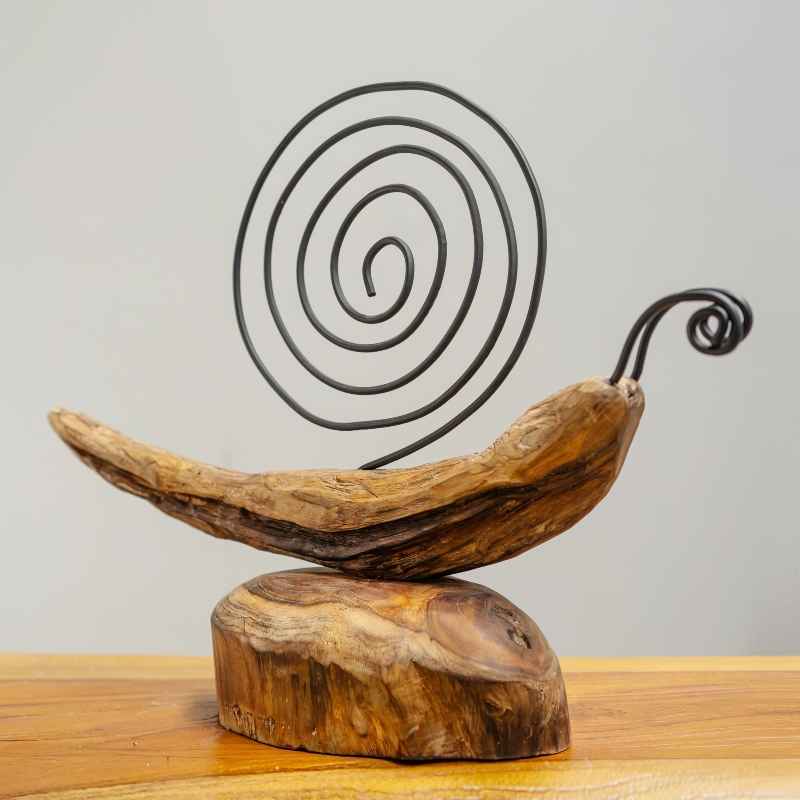 Handcrafted Teak and Metal Snail Sculpture