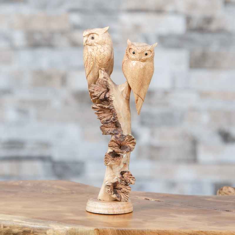 Hand-Carved Parasite Wood Owls on Branch Sculpture