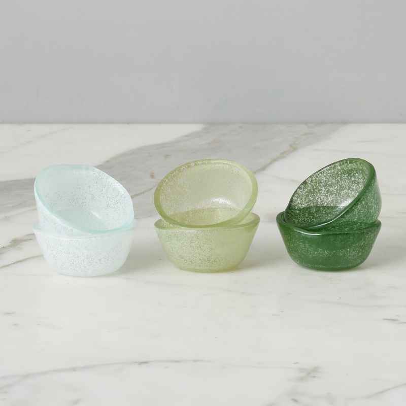 Set of 6 Glass Pinch Pots in Green Tones