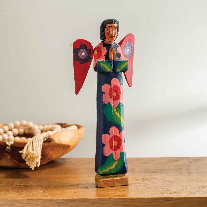 Hand-Carved Painted Wooden Angel Statue