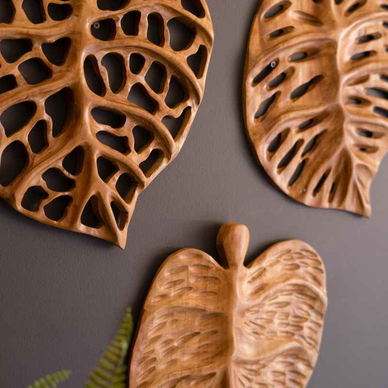 Set of 3 Carved Teakwood Leaves