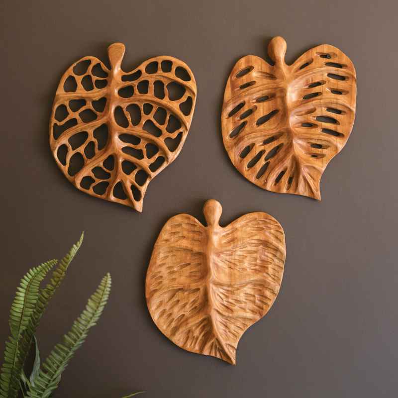 Set of 3 Carved Teakwood Leaves