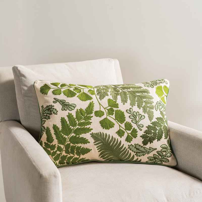 Embroidered Botanical Cotton Lumbar Pillow