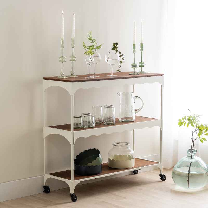 3-Tier Scalloped Metal & Wood Rolling Cart