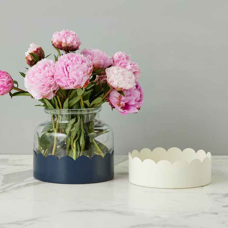 2-in-1 Scalloped Bloom Vase, White and Navy Blue