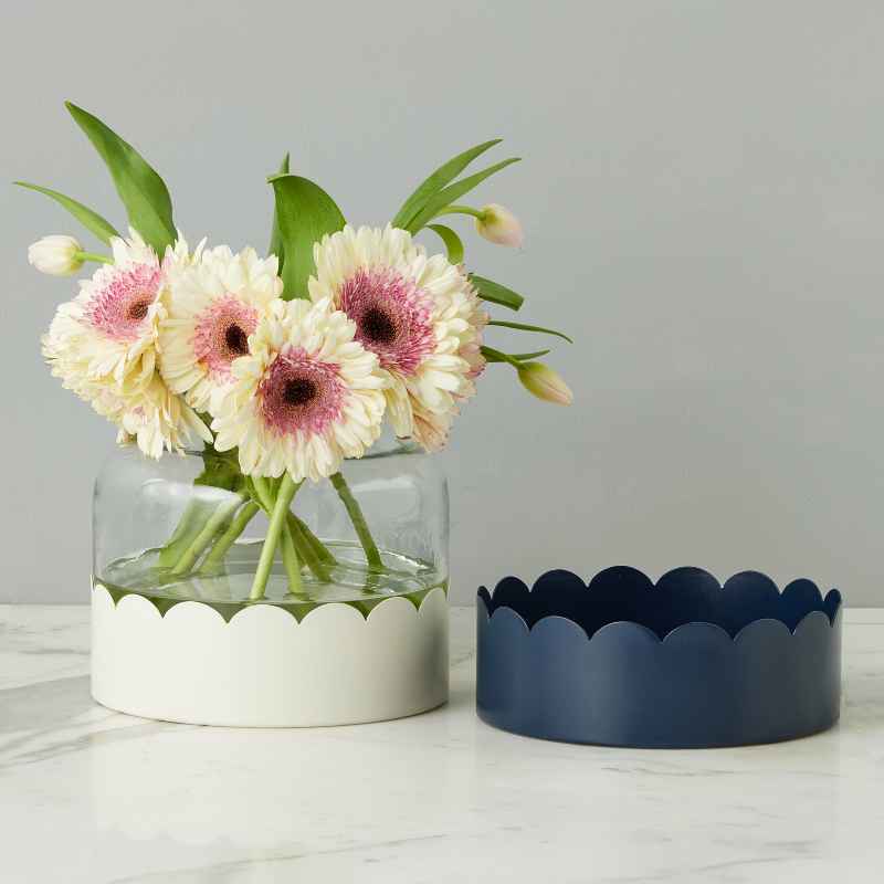 2-in-1 Scalloped Bloom Vase, White and Navy Blue