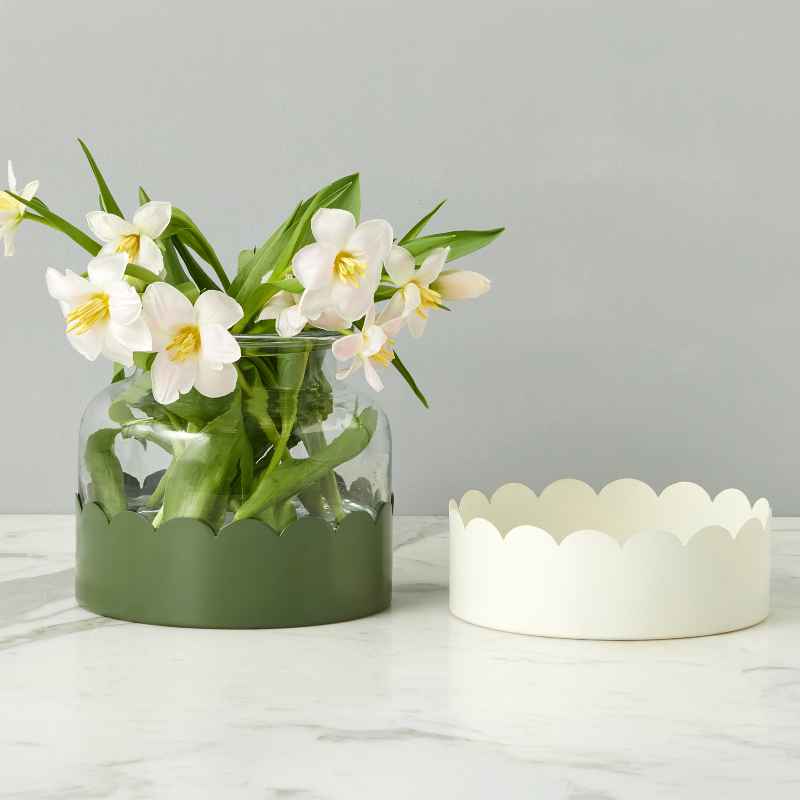 2-in-1 Scalloped Bloom Vase, White and Spruce Green