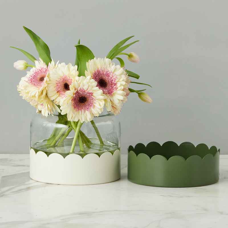 2-in-1 Scalloped Bloom Vase, White and Spruce Green