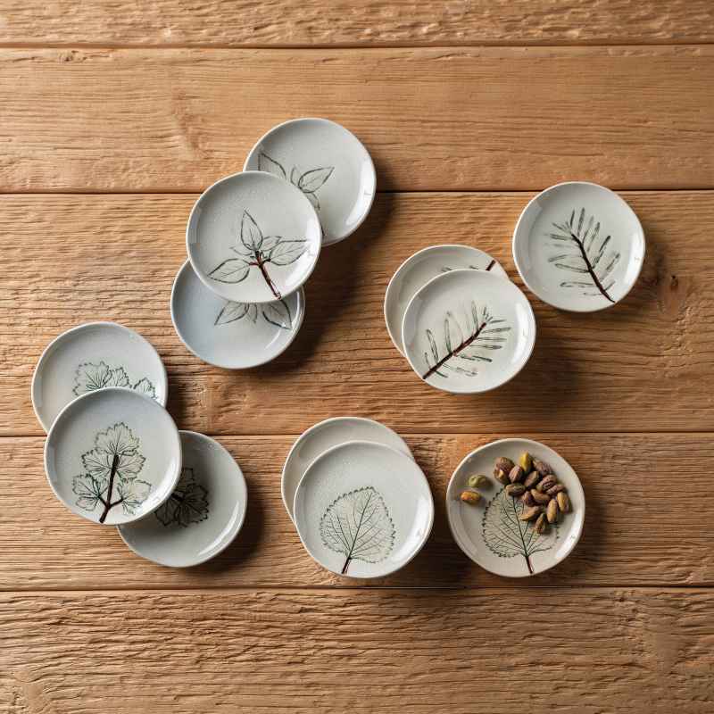 Set of 12 Hand-Painted Botanical Stoneware Plates