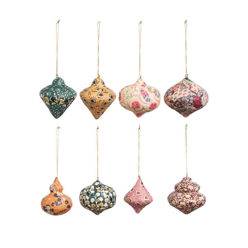 Set of 8 Paper Mache Block Printed Ornaments