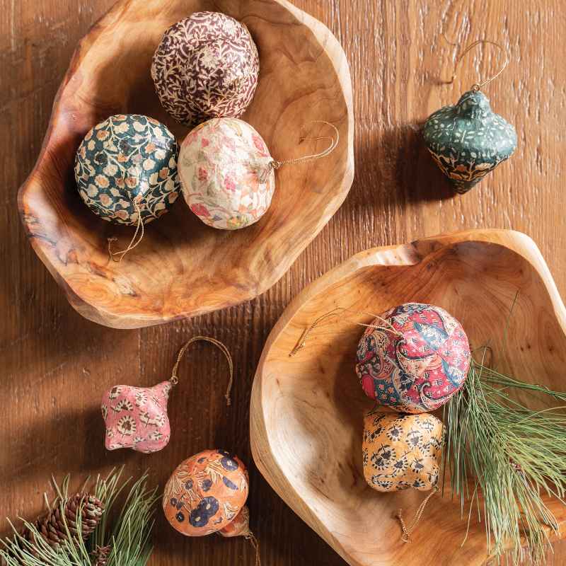 Set of 8 Paper Mache Block Printed Ornaments