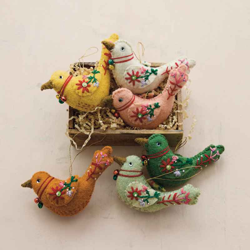 Set of 6 Assorted Handmade Wool Felt Bird Ornaments