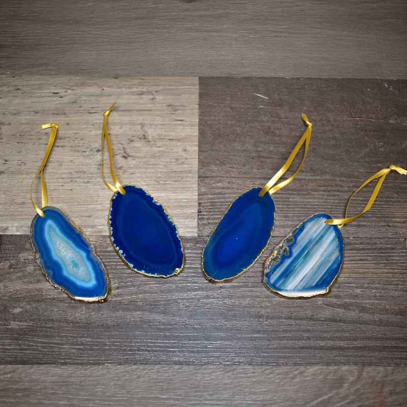 Set of 4 Teal Agate Ornaments with Gold Electroplating