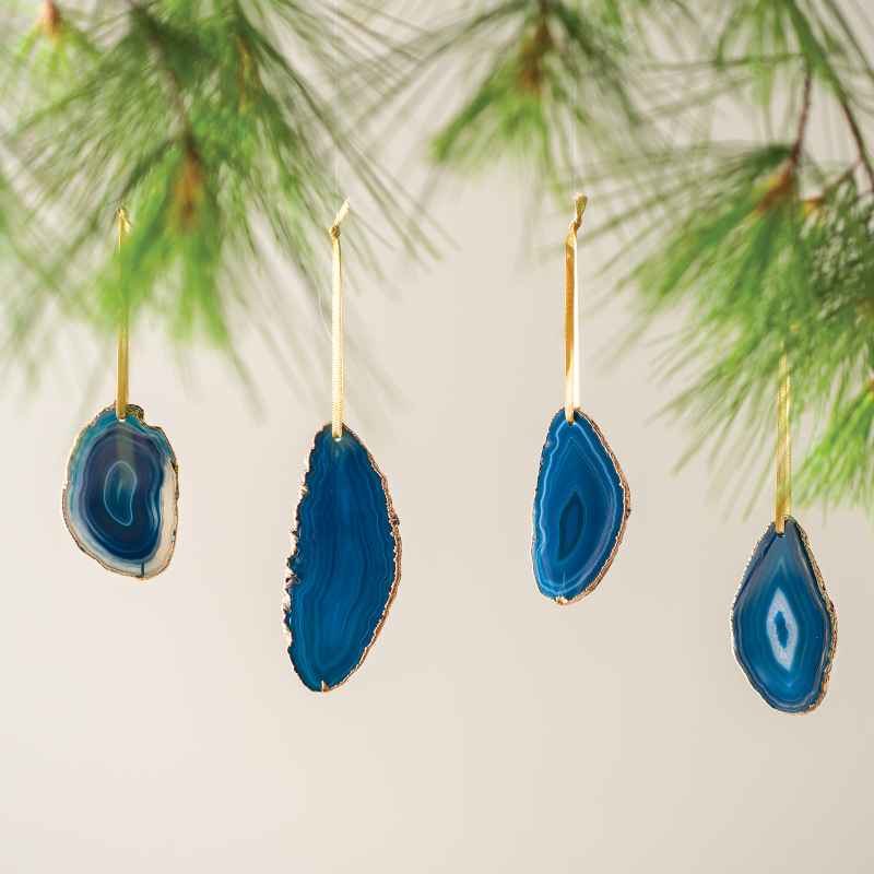 Set of 4 Teal Agate Ornaments with Gold Electroplating