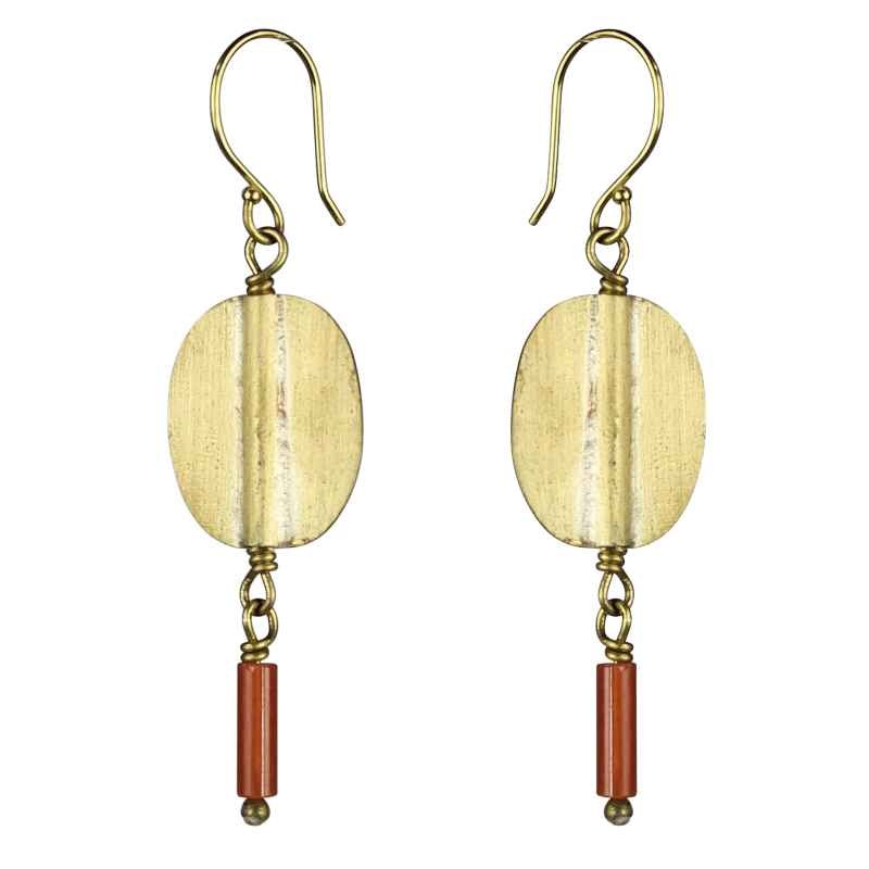 Brass Oval Earrings with Red Glass Bead
