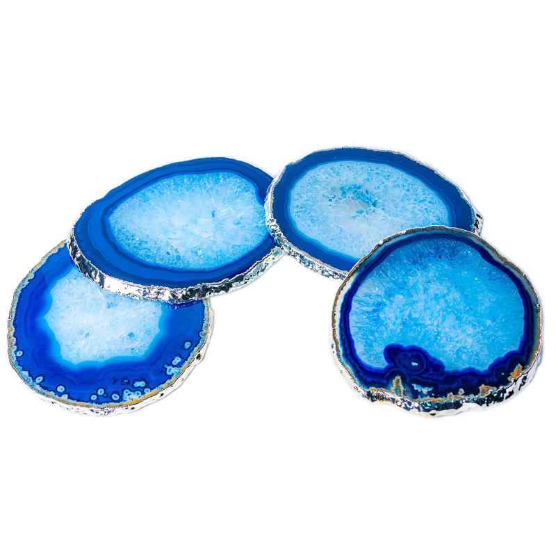 Set of 4 Blue Agate Coasters with Silver Trim