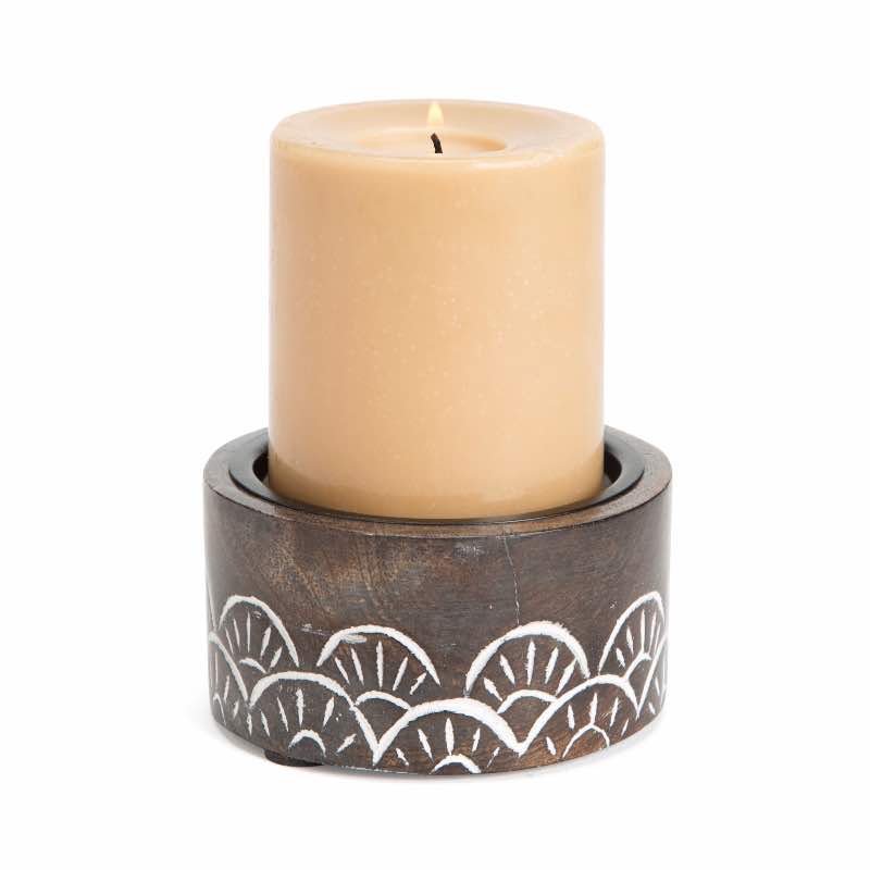 Handcarved Indian Rosewood Round Candle Holder - Small