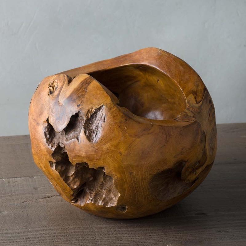 Small Distressed Round Teak Wood Vase