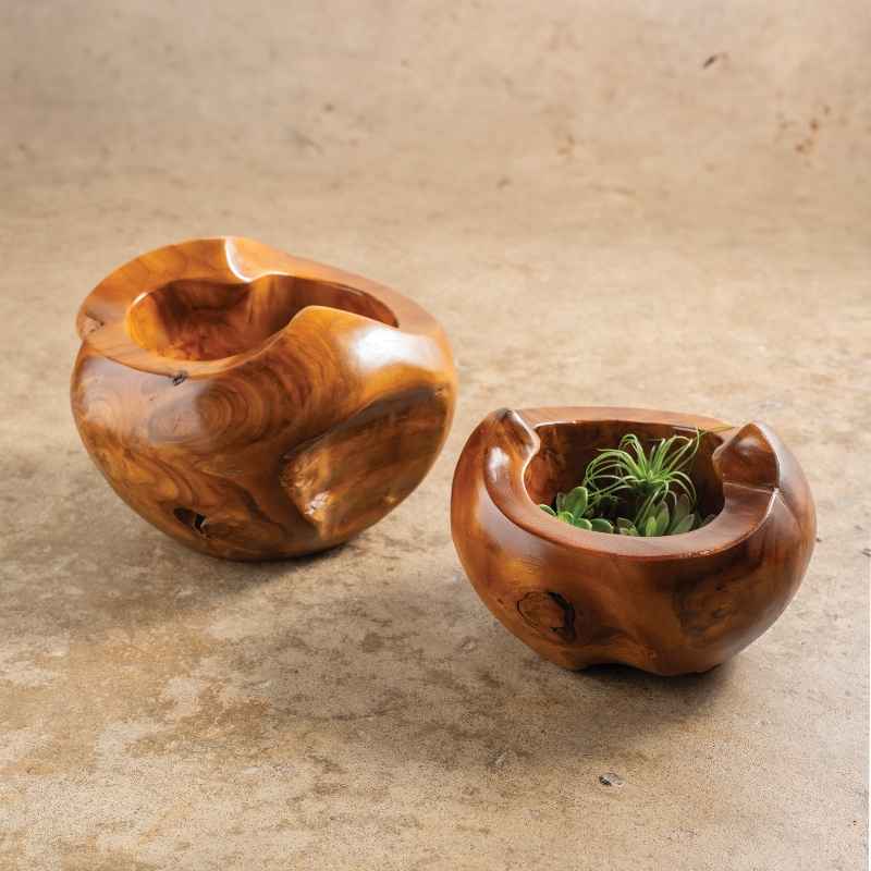 Large Distressed Round Teak Wood Vase