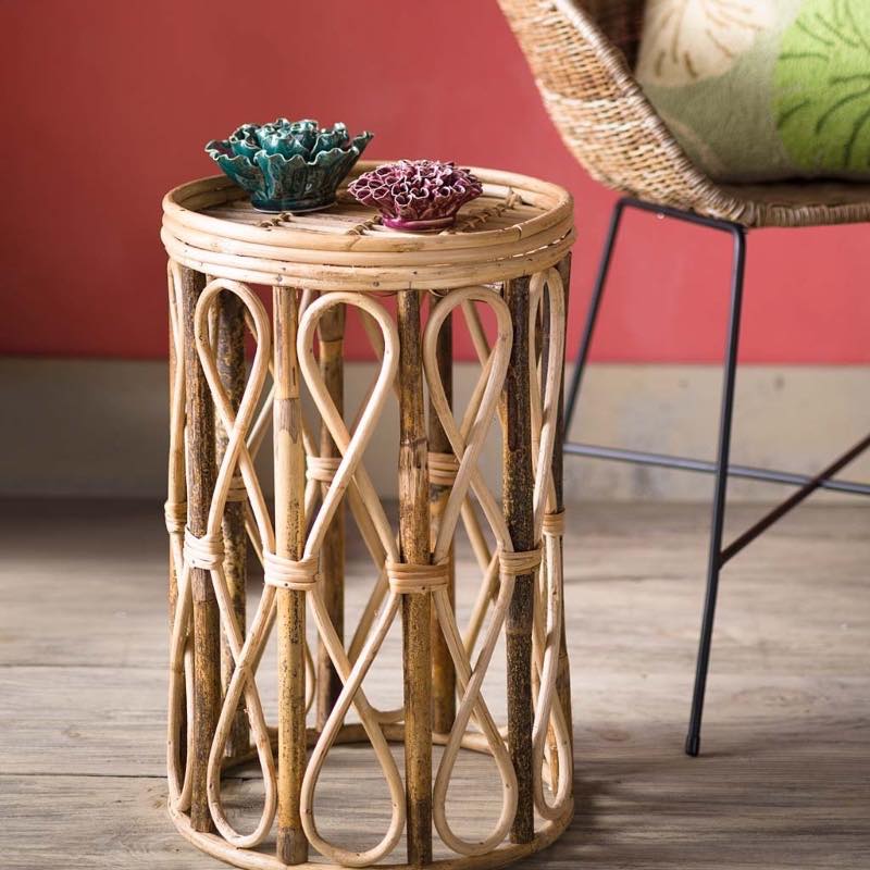 Open Rattan Drum Side Table