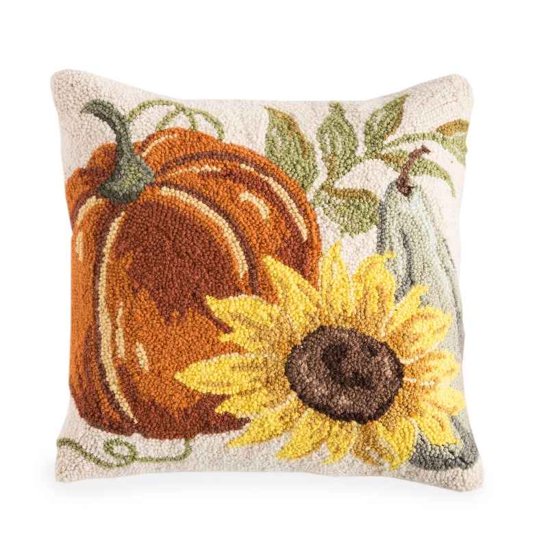 Pumpkin and Sunflower Hand-Hooked Pillow, 16