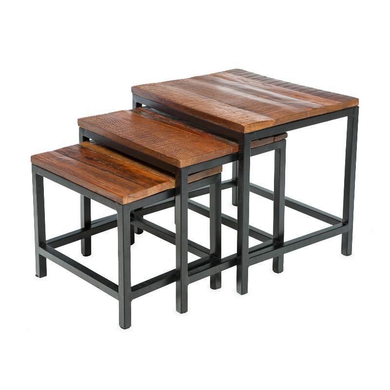 Iron and Reclaimed Wood Nesting Tables, Set of 3