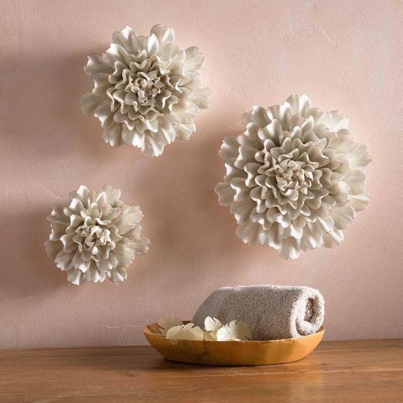 Gold-Rimmed White Ceramic Wall Flowers, Set of 3