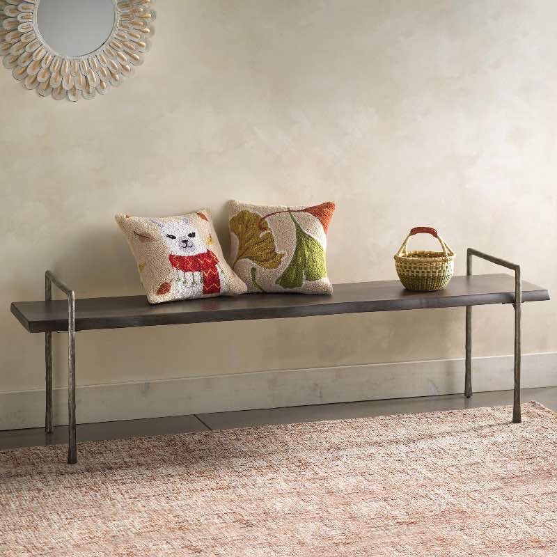 Acacia Live Edge Gray Bench with Textured Iron Frame