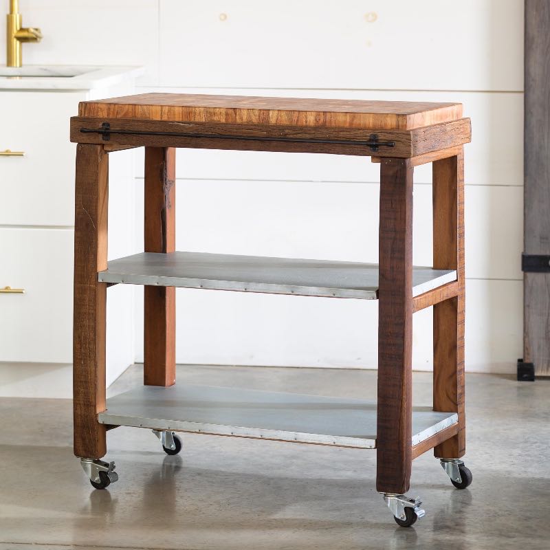 Reclaimed Rolling Butcher Block Kitchen Island with Storage