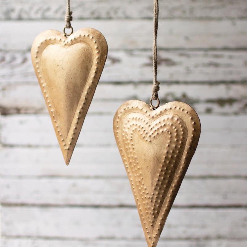 Hanging Antique Brass Metal Hearts, Set of 2