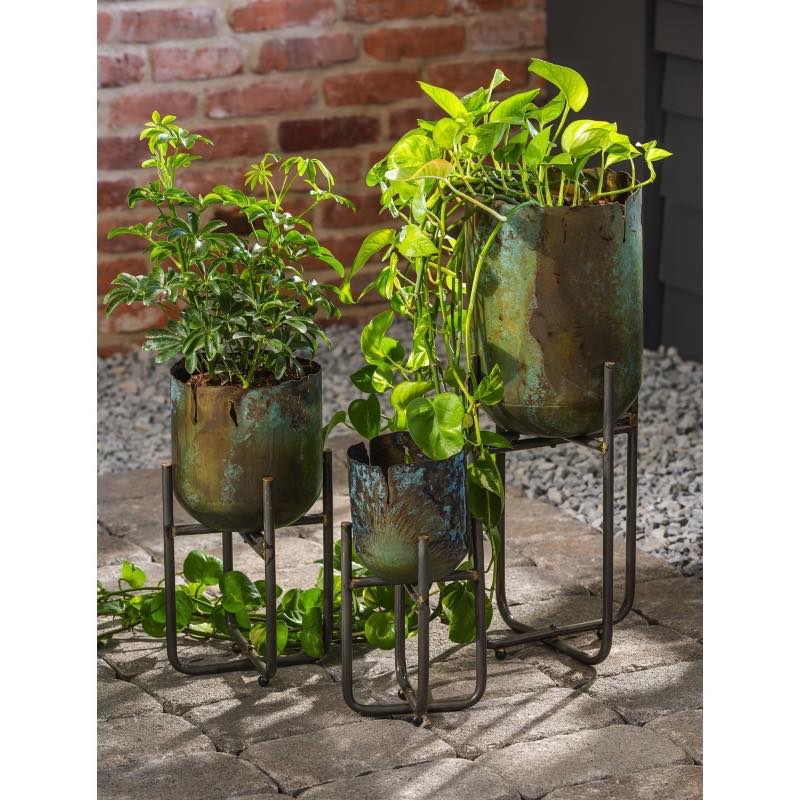 Metallic Patina Planter With Stand, Set of 3