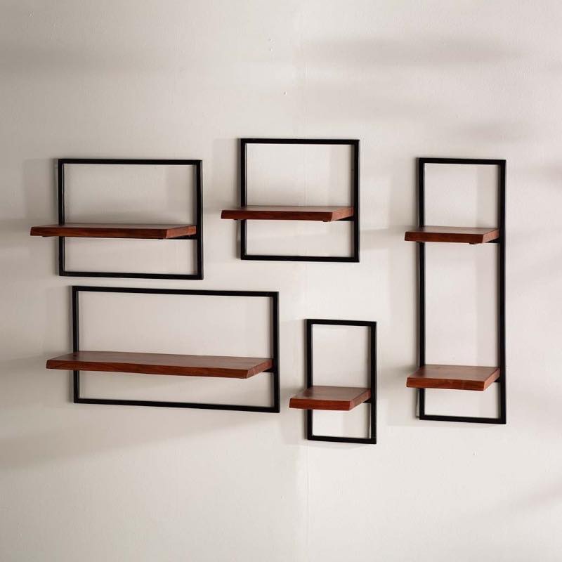 Live-Edge Wood and Metal Frame Wall Shelves, Set of 5