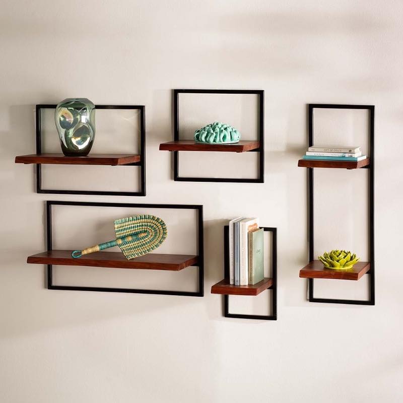 Live-Edge Wood and Metal Frame Wall Shelves, Set of 5