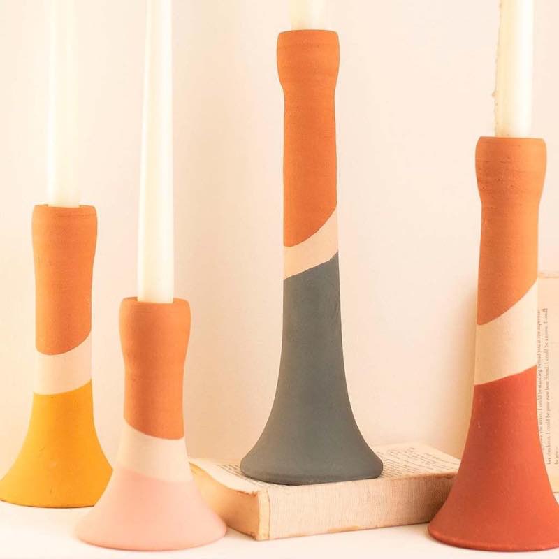 Muti-stripe Clay Candle Holders, Set of 4