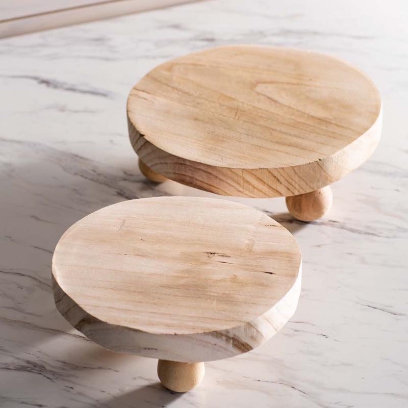 Round Wooden Pedestals with Ball Feet, Set of 2